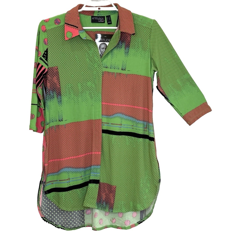 Attitudes by Renee Como Jersey Tunic Top Small Petite Green Print 3/4 Sleeve NEW